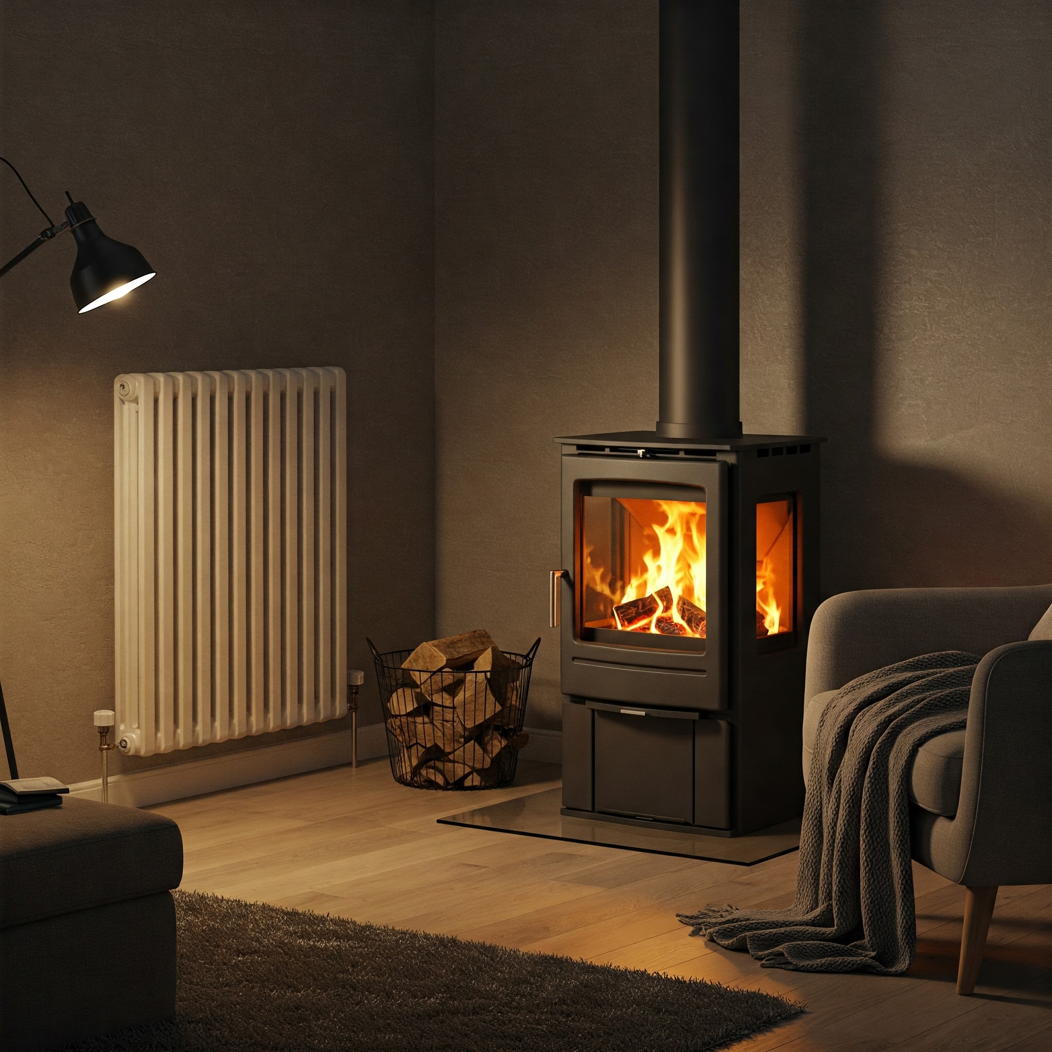 Przytulny salon z grzejnikiem dekoracyjnym