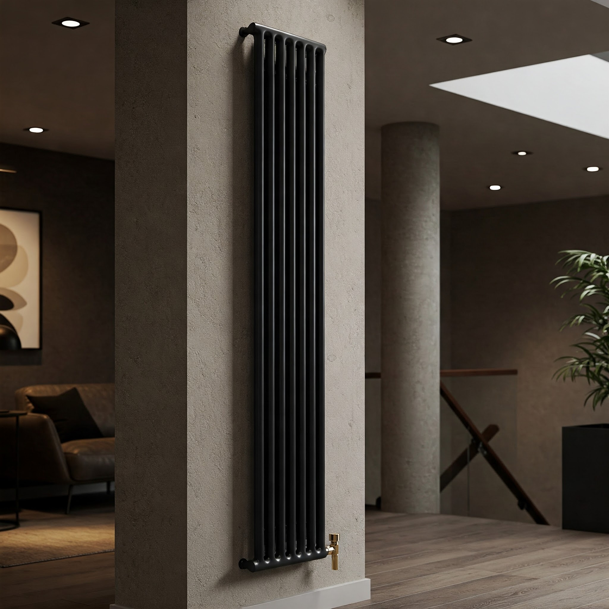 Nowoczesny, wysoki grzejnik pionowy na ścianie